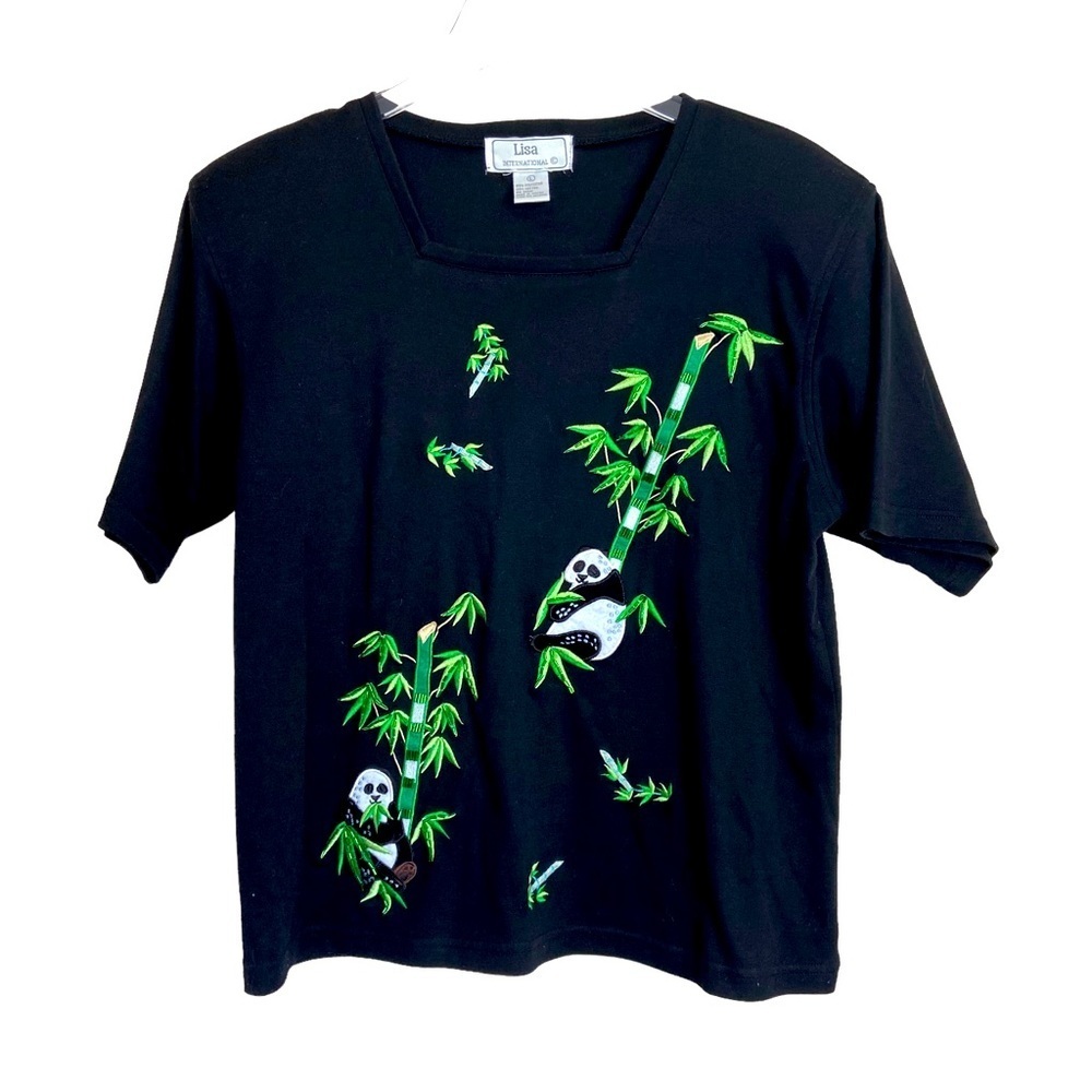 Lisa International Black Short Sleeve Top with Panda Design Size Large